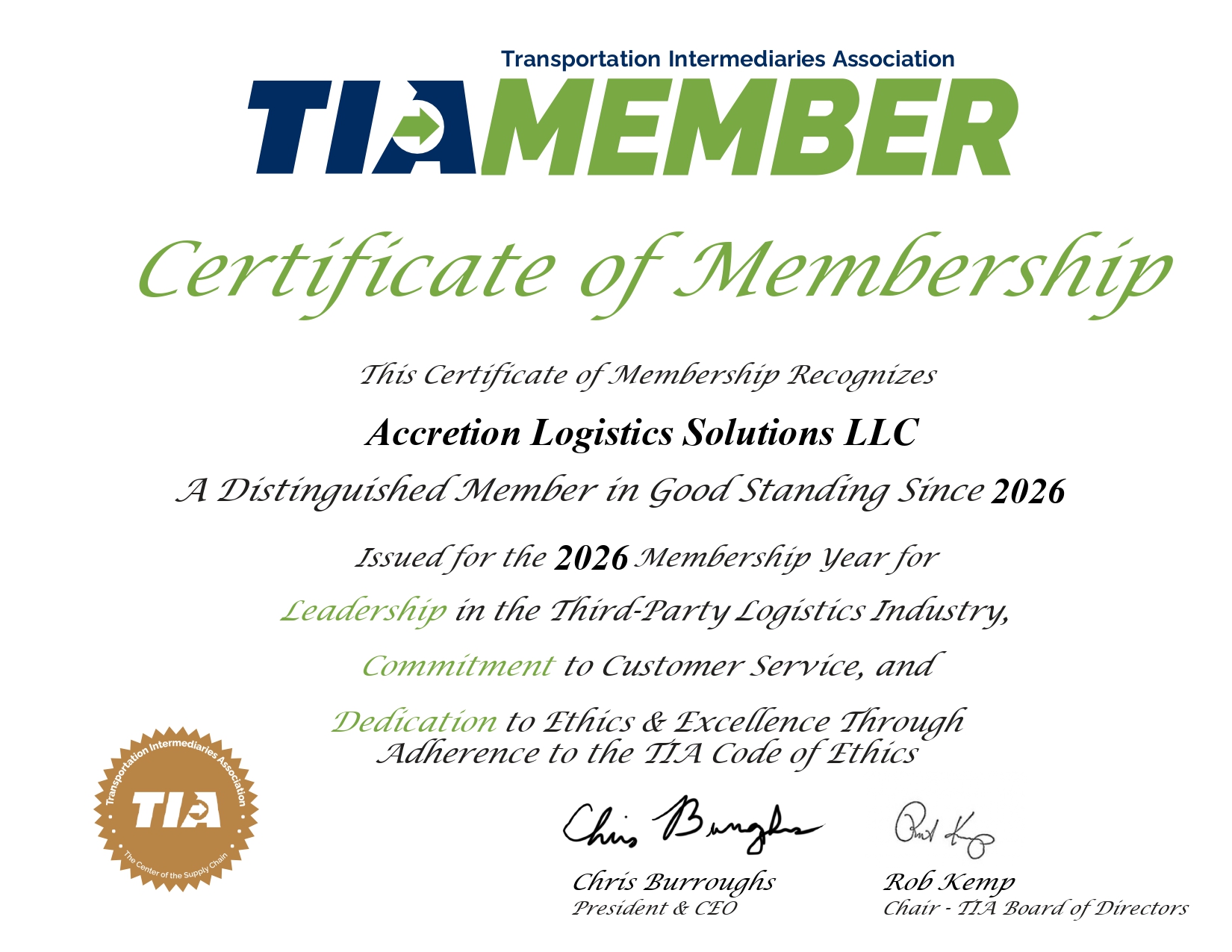 TIA Certificate of Membership